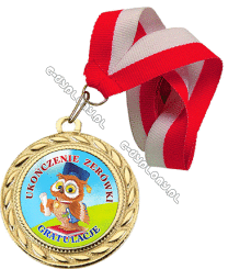 Medal złoty z wklejką "Ukończenie Zerówki. Super Sowa" z wstążką