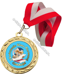 Medal złoty z wklejką "Ukończenie Klasy Pierwszej. Sowa z piórkiem" z wstążką